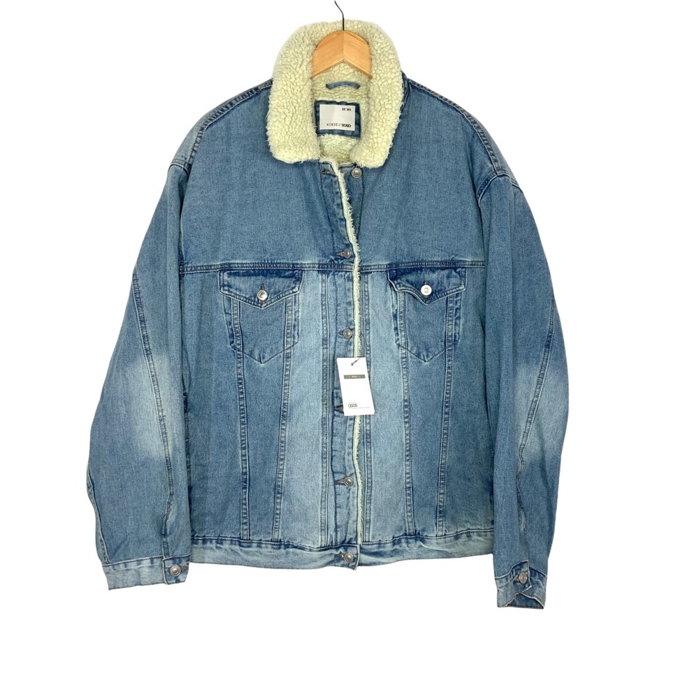 ASOS Womens Sherpa Trim Oversized Denim Jean Jacket Sz US 16 Tall Oversized